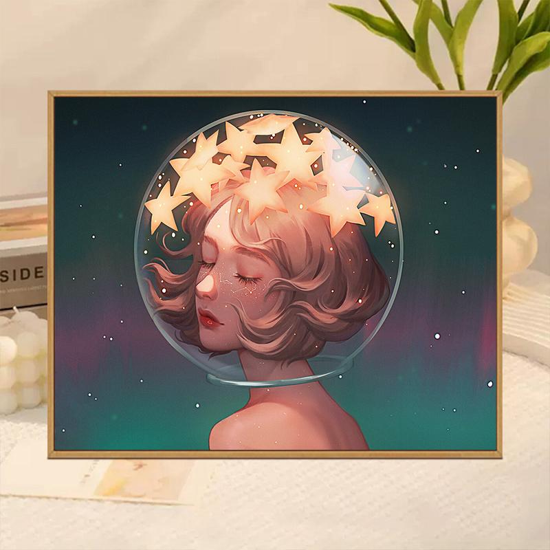Bộ sơn theo số, ACANDYL, Tranh Vải vẽ tay, Cô gái đêm đầy sao, Sơn Acrylic, Tranh tự tô màu theo số dành cho người lớn, Quà tặng, Trang trí nội thất Vẽ Tranh Diy