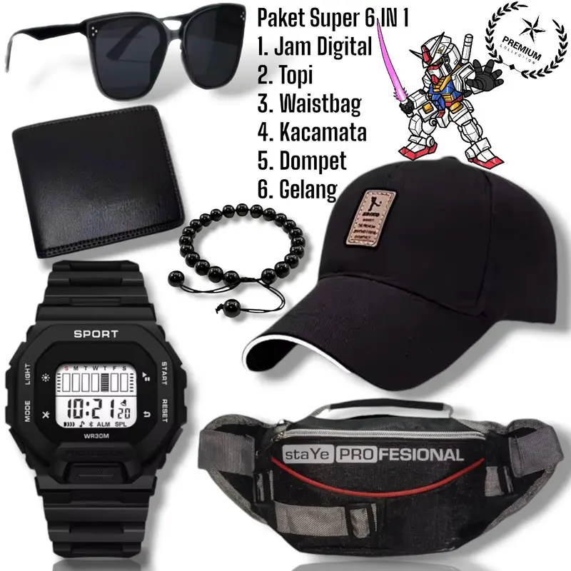 Paket Hemat dan Lengkap 6 IN 1 Jam Digital Waistbag Topi Kacamata Gelang Dompet Watches Aksesoris Karet tangan vintage 0