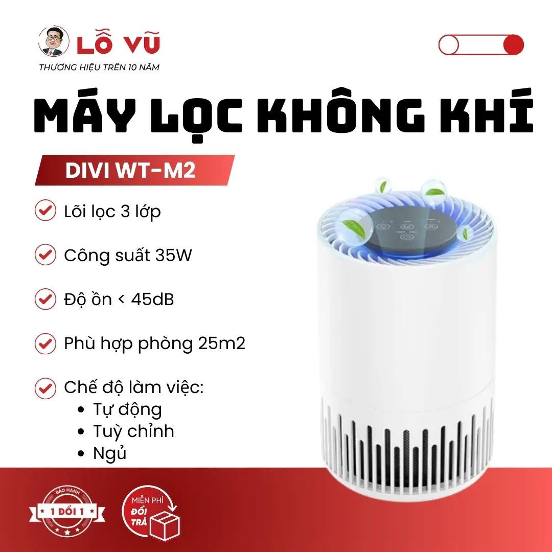 LoVu Máy lọc không khí Taotro TT-AP005 / AP001, Lõi lọc 3 lớp, Lọc tự động, Cảm biến thông báo chất lượng không khí, Phù hợp phòng 30-35m2, Bảo hành lỗi 1 đổi 1