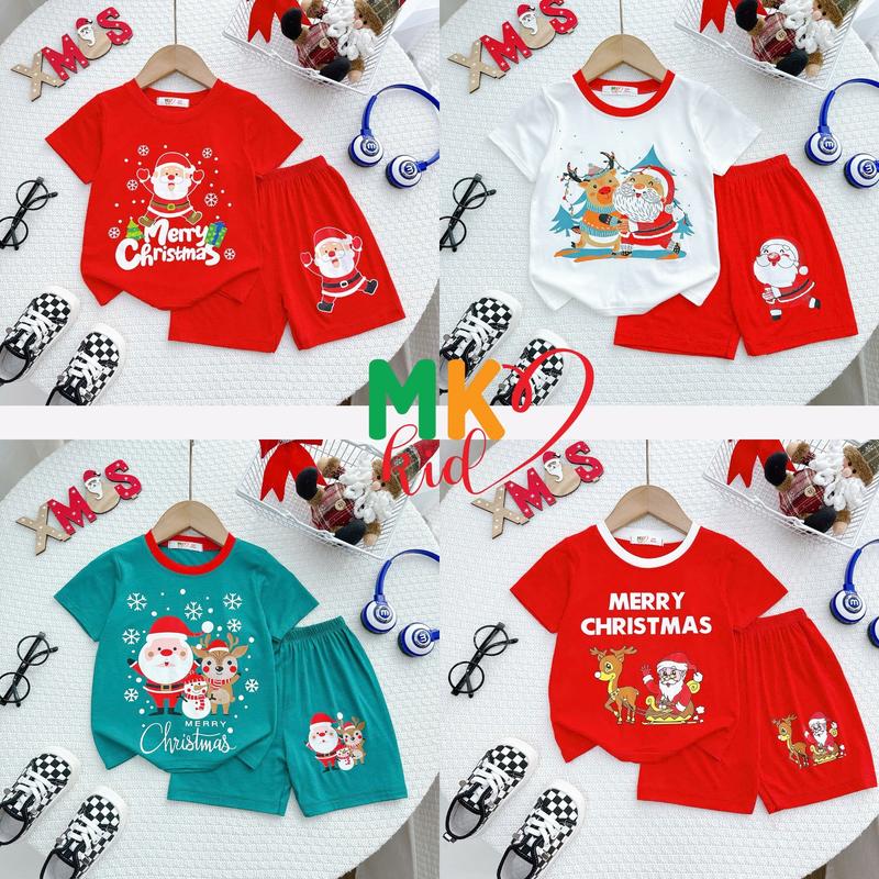  MK KID Set Quần Áo NOEL Cộc Tay  Cho Bé 8-30KG Cao Dưới 1M25 Đồ Giáng Sinh cho Bé Trai Bé Gái Vải Thun Lạnh mềm mát cho bé Mặc Ngủ  Mặc Nhà Đi Học 