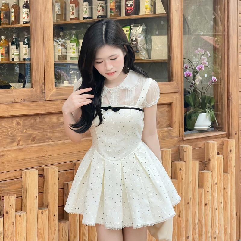 Set Đầm 2 dây chân váy xếp li + áo sơ mi HH102 Haluu Store phong cách tiểu thư cho nữ