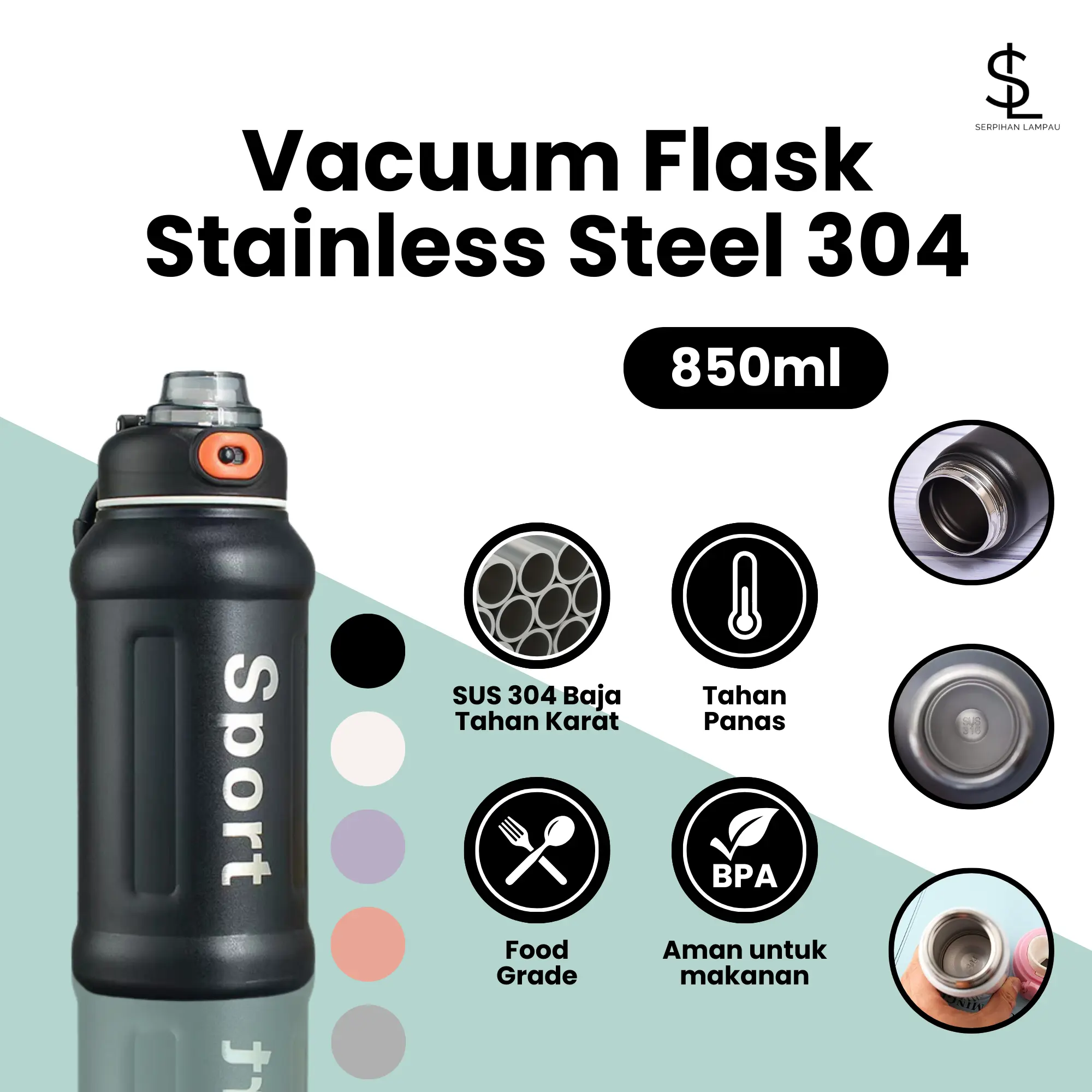 Thermos Tumbler Stainless Steel 850ml Botol Minum Hot & Cold Vacuum Flask BPA-Free
