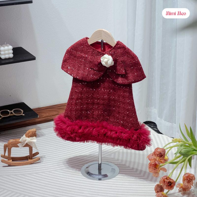 Mimi Meo TD356 Váy bé gái xinh 9-34kg - Đầm mùa đông kèm áo choàng hoa hồng đỏ vải sequin lấp lánh dự tiệc
