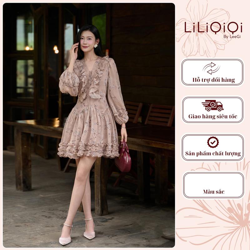 Váy tơ hoạ tiết dáng ngắn tùng xoè tay bồng SEAFOAM thiết kế nữ tính LiLiQiQi By LeeGi - VN919