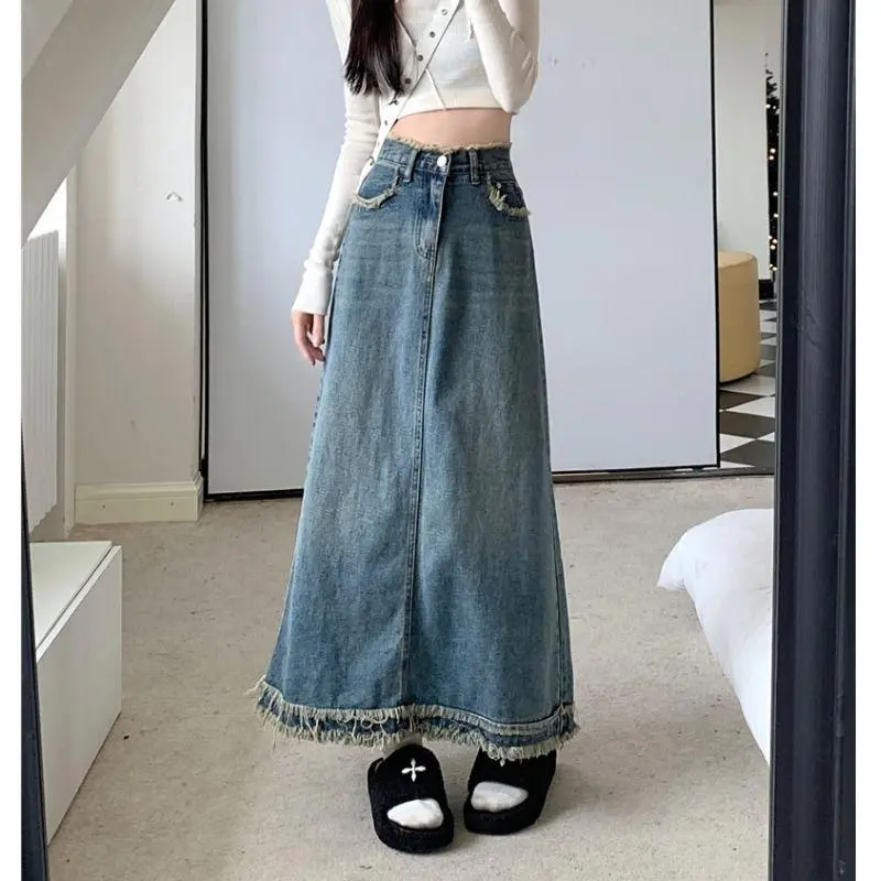 Early Spring 2023 New High Waist Long Skirt Loose and Slim Retro A-line Skirt Small and Cowboy Half Skirt for Women Bottom Lingerie Baggy Basic Denim Maxi Minimalist