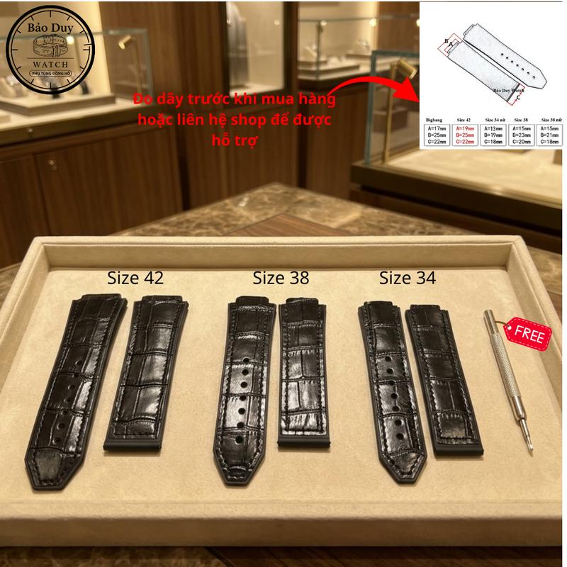 Dây vân cá sấu đen đồng hồ H.U.B size 42mm, 38mm nam, 34mm