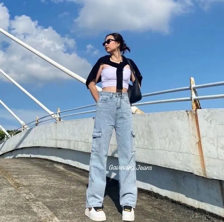 Celana Jeans Wanita - Highwaist Cargo Jeans Wanita - Celana Jeans Kargo Kantong Samping Premium