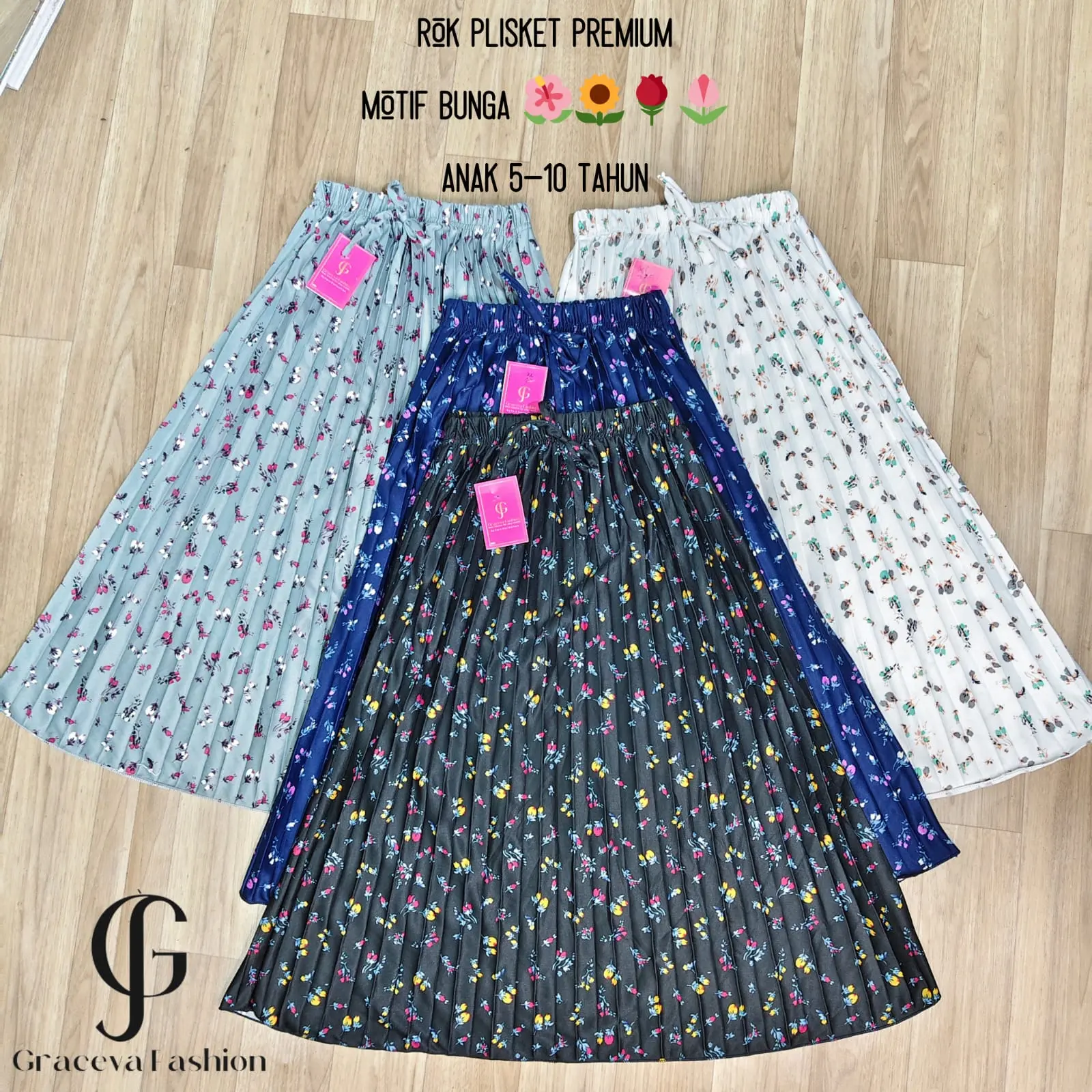 Rok Plisket Anak Premium Bunga Blossom - Rok Anak Perempuan 4-10 Tahun