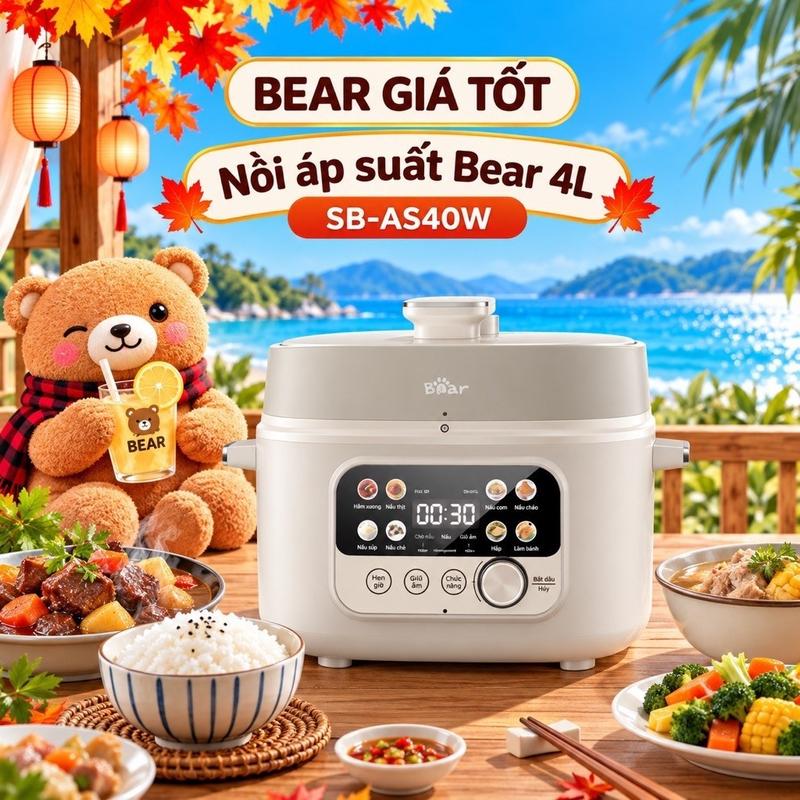 Nồi Áp Suất Điện Bear SB-AS40W 4L Đa Năng Hầm Nấu Nhanh Chống Dính Bảo Hành 18 Tháng