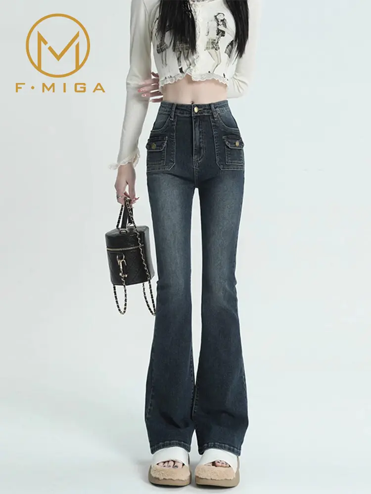 F·MIGA C106 High Waist Cutbray Flare Celana Jeans Panjang Wanita - Biru retro