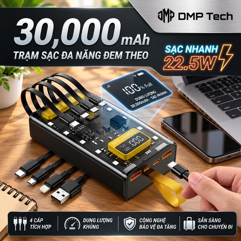 Sạc Dự Phòng Trong Suốt Dung Lượng 30.000mah Với 2 Cổng Sạc Nhanh 22.5w và PD 20W Kèm 4 Đầu Sạc Màn Hình LED