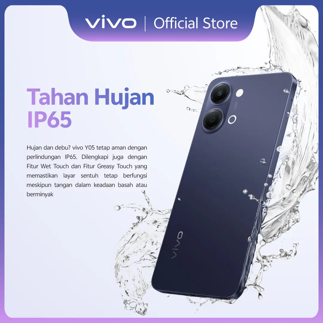 vivo Y05 - Desain Premium, 6500mAh Tahan 3 Hari, IP65 Tahan Hujan, Tahan Banting Ekstrem, Origin OS Performa Lancar, Layar Ultra Tenang 1200nits