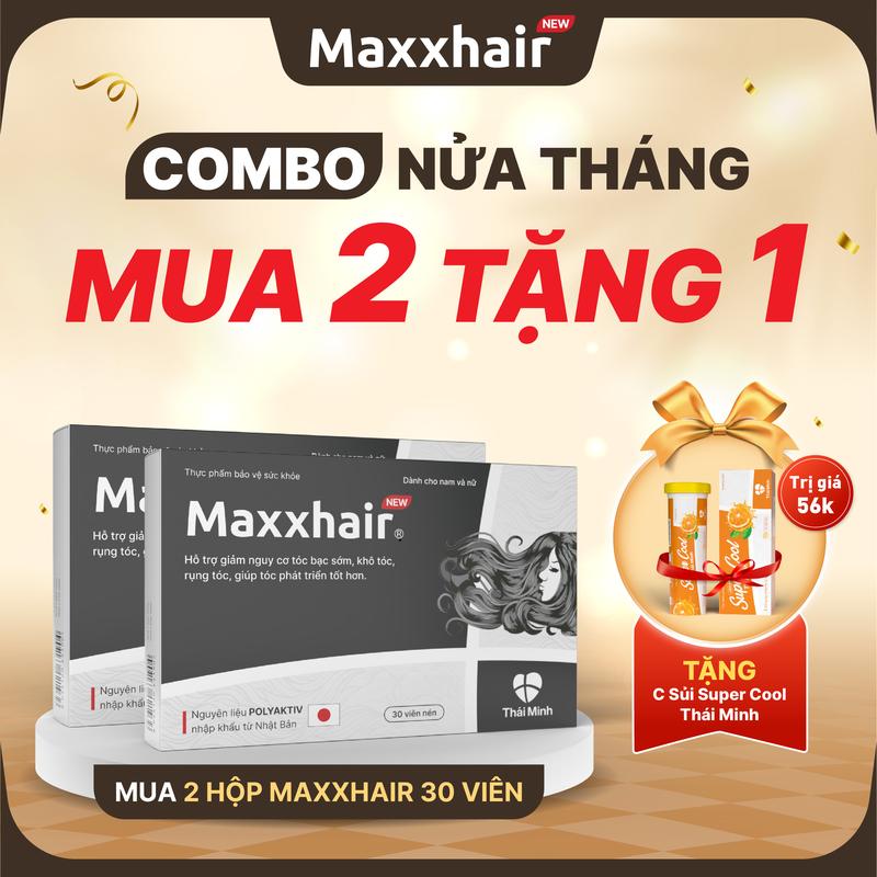 [COMBO NỬA THÁNG VIÊN UỐNG] Mua 2 hộp viên uống MAXXHAIR - TẶNG 1 Tuýp C sủi giải nhiệt - Sản phẩm dành cho người bị rụng tóc nhiều và hỗ trợ giúp tóc chắc khoẻ - Hộp 30 viên