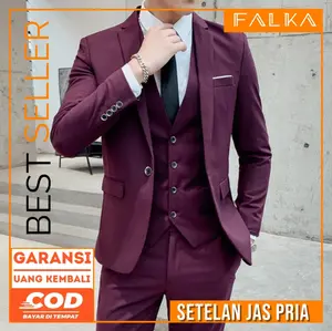 FALKA | 3 In 1 Setelan Jas Pria (Jas, Rompi, Celana) model Slimfit Bahan High Twist Tebal