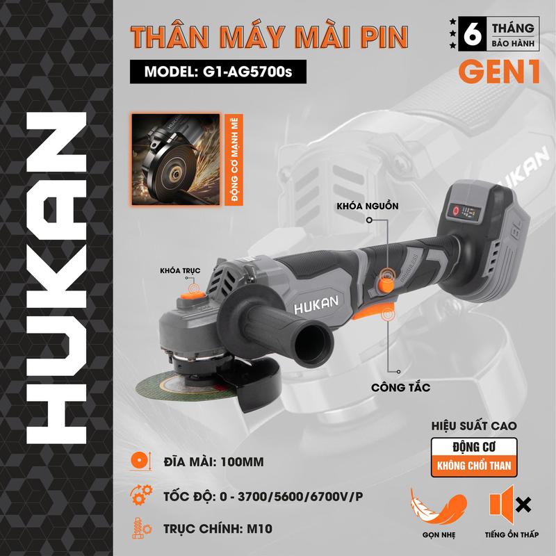 Hukan Thân Máy Mài Pin G1-AG5700S Hukan Vòng Tua 6700V/p Chân Pin Phổ Thông M10 Đường Kính Cắt 100mm Động Cơ Không Chổi Than Gen1