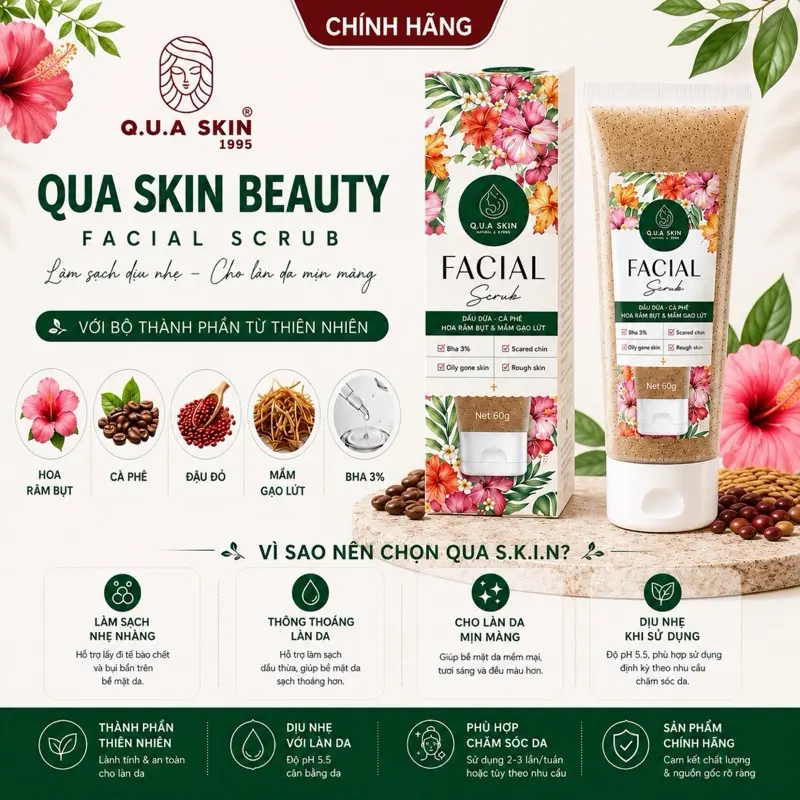 Ủ mặt & Tẩy Tế Bào Chết mặt Facial scrub Qua Nâng tone chiết xuất Đậu Đỏ, Cà phê, Hoa Râm Bụt & Mầm Gạo Lứt hỗ trợ Thông thoáng lớp sừng, mụn đầu đen, bã nhờn dịu nhẹ 65ml Skincare nam & nữ qua skin