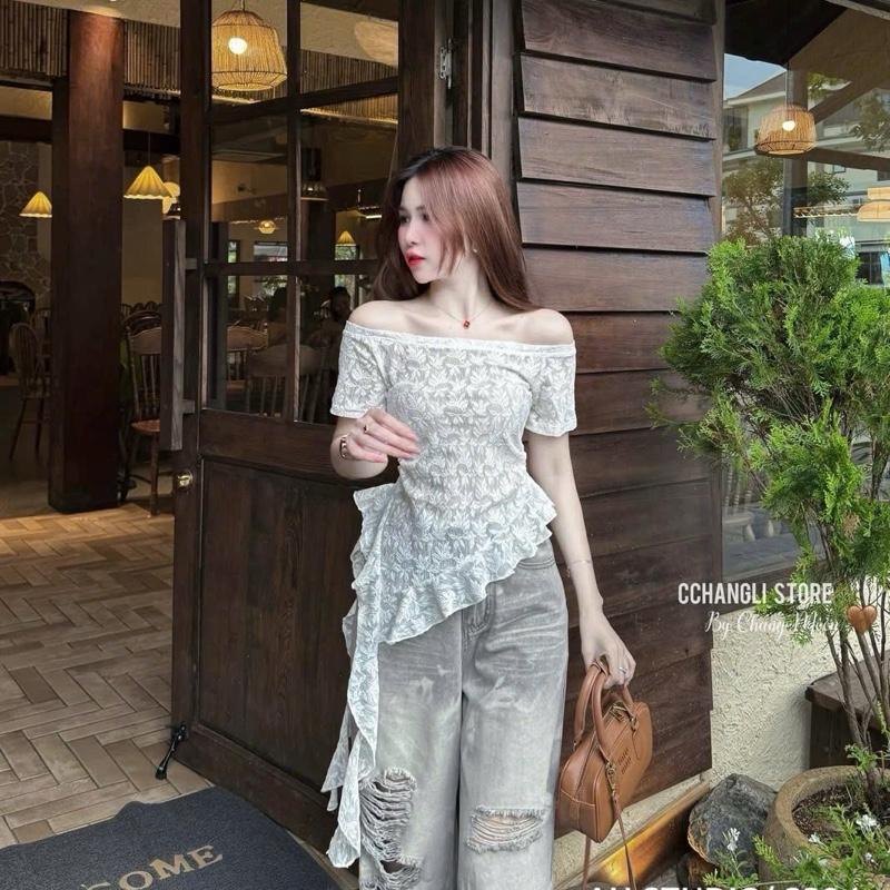 Áo Ren Lưới Trễ Vai Họa Tiết Lá Liễu Bèo Hottrend Tua Rua AH2394