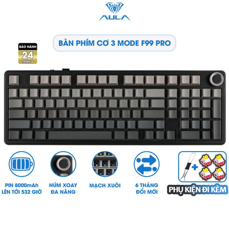 Bàn Phím Cơ Không Dây 3 Mode AULA F99 PRO Núm Xoay Đa Năng có Hotswap Gasket Mount Pin 8000mAh Chính Hãng - Tặng Pad Chuột