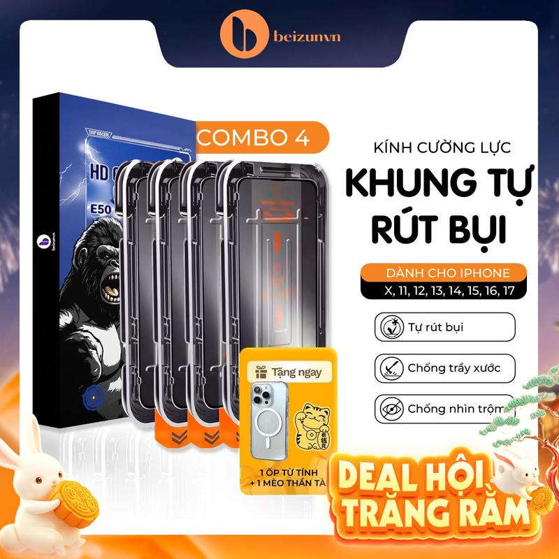 Combo 4 Kính Cường Lực Iphone Tặng Ốp Magsafe - GLASS Khung Tự Dán, Viền Cong 2.5D|Trong Suốt/Chống Nhìn Trộm|Chống Va Đập, Chịu Lực Tốt | Bảo Vệ Màng Loa,Chống Bám Bụi,Chống Nước | iPhone 7- Iphone 17 + Mèo Thần Tài