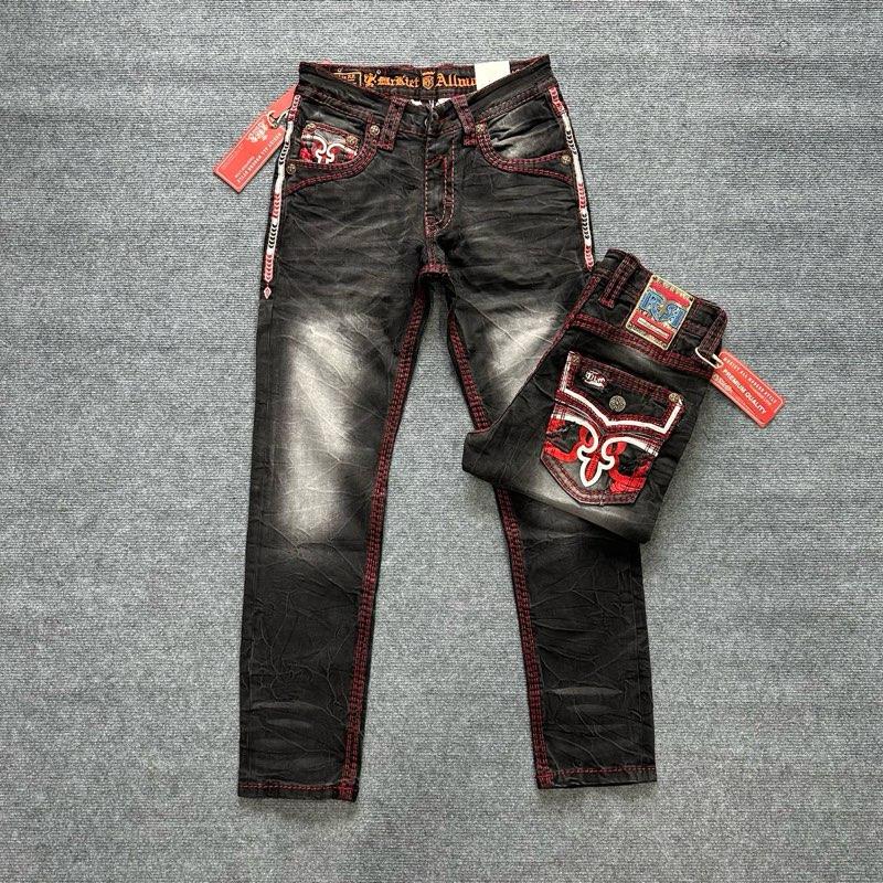 [R09]Quần Jean nam phối thêu chỉ nổi đỏ, đen đậm,form slim Menswear Pants - quần  rock revival Kem