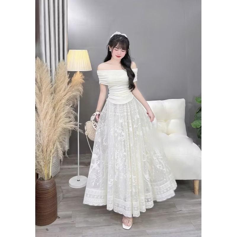 Chân Váy Ren dáng dài 2 lớp xoè rộng có lót lụa phối lưng thun bọc vải, hoa văn dệt kim hoạ tiết hoa cổ trang