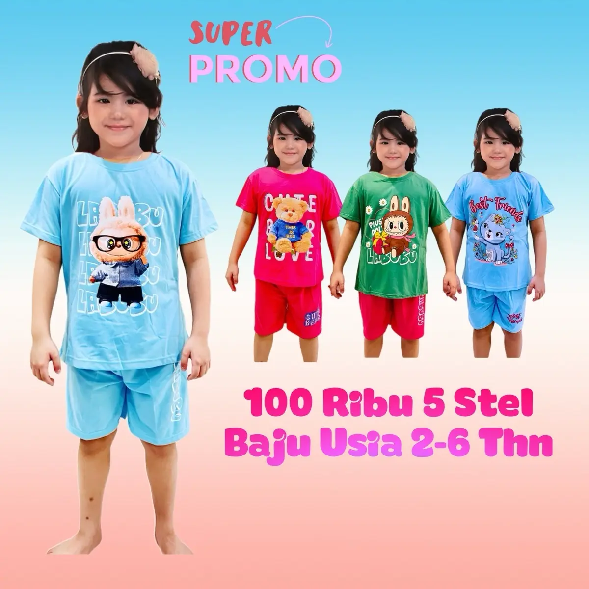 100 Ribu 5 PCS Setelan Baju Oblong Anak PEREMPUAN Usia 2 - 6 Tahun ( motif Random )