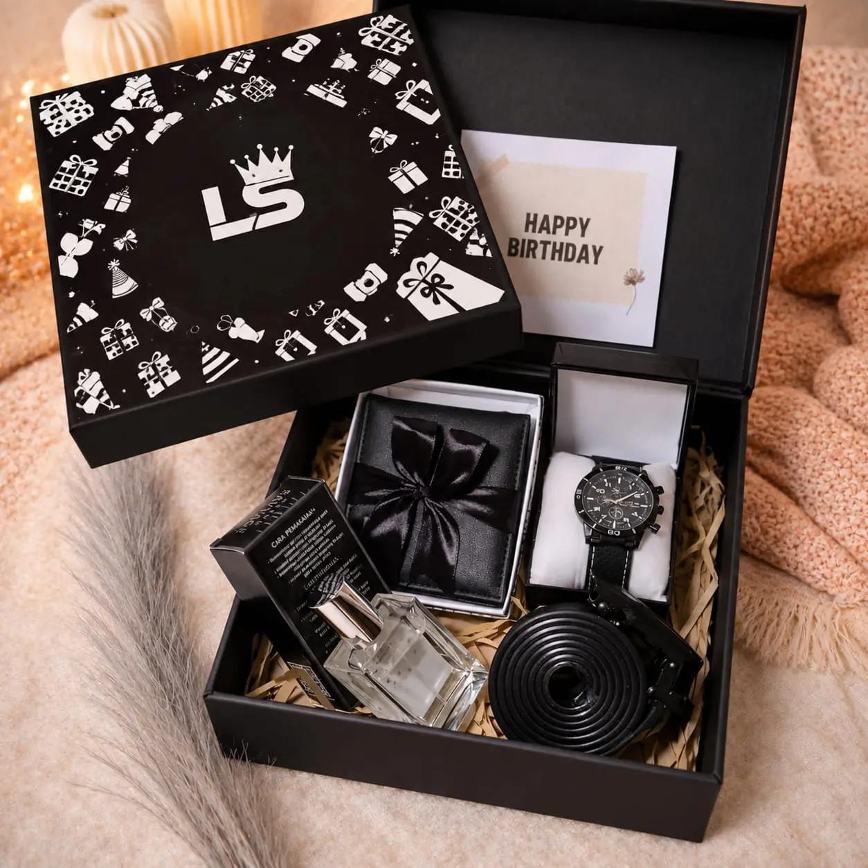 LSgiftbox Hadiah Hampers Box Kotak Paketan Kado Cowo Cowok Spesial Ulangtahun Anniversary Wisuda Totebag Jam Dompet Aksesoris Konvensional Pria Request Ucapan