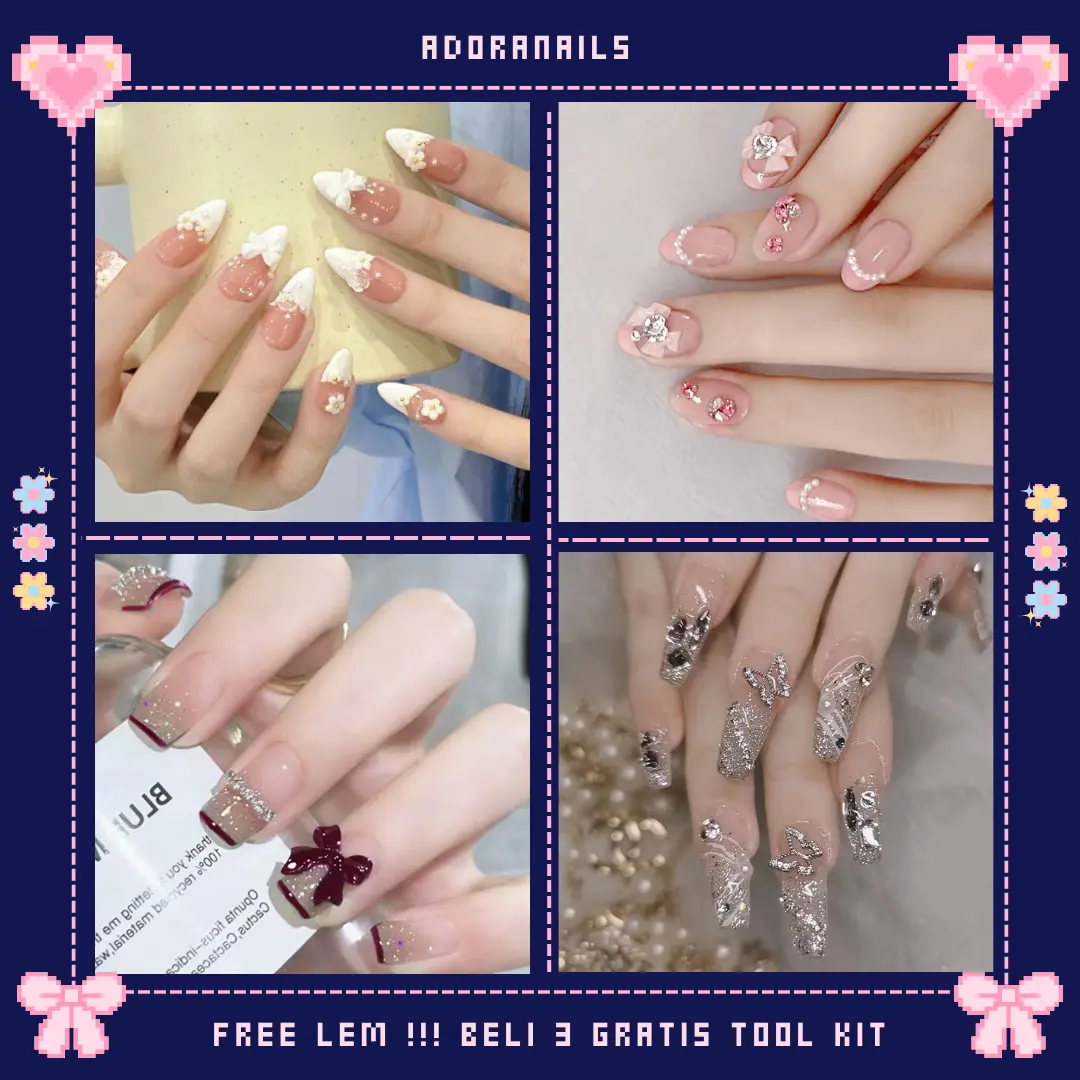 AdoraNails - [3D Premium] Kuku Palsu Tempel + Lem / Fake Nail / Nail Art / Press On Nail 24 pcs Coquette Y2K Elegan Daily untuk Wisuda / Wedding / Acara / Party Manicure Set Stainless Steel Polish Cat Kutek Tangan