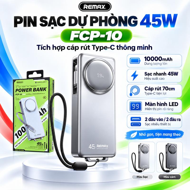 REMAX FCP-10 – Pin sạc dự phòng 10000mAh, sạc nhanh 45W, tích hợp cáp Type-C rút 70cm