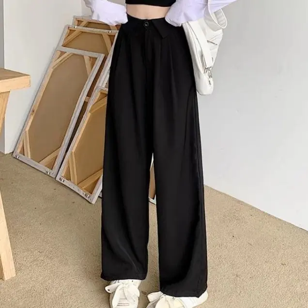 celana setelan kerah Celana setelan hitam wanita Celana wanita gaya korea celana lurus kaki lebar pinggang tinggi Panjang Standar Putih Polyester 8
