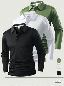 Conjunto de camiseta polo de manga larga para hombre de negocios casual, nuevo de otoño, simple y versátil, de color sólido, cuello transpirable, paquete de 3 piezas