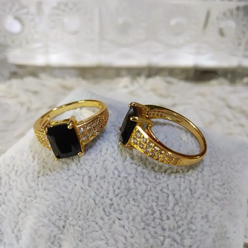 Cincin Wanita Xuping Gold Permata Hitam Kombinasi Permata Putih - Perhiasan Pengganti Emas Mewah - Rings 1