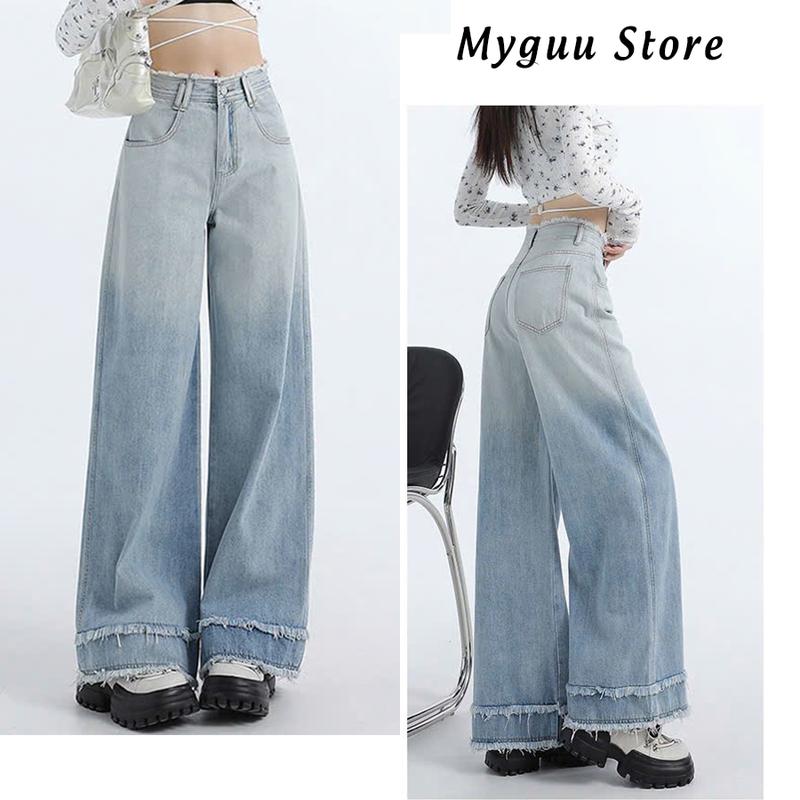 Quần Jean Nữ Ống Suông Hack Dáng Thiết Kế Màu GRADIENT Tua Gấu Phong Cách - Jean TT Pants Denim Xanh Nhạt Đậm Women Baggy