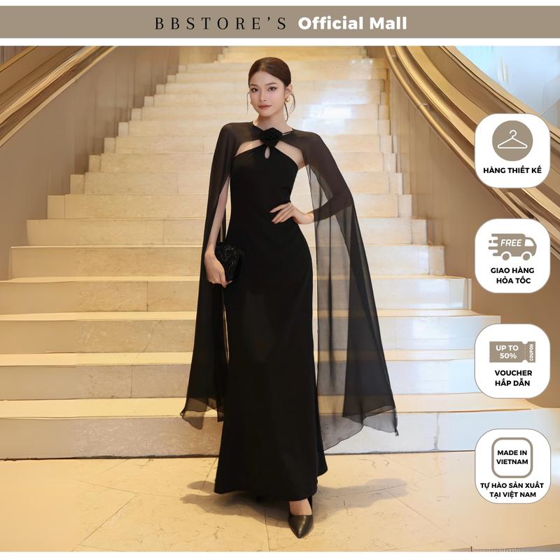   BBSTORE'S  Đầm Body Tiệc Dài Cổ Yếm Kết Hoa Chất Cotton Lụa Kèm Choàng Voan - D4344T dam  body đầm  body 