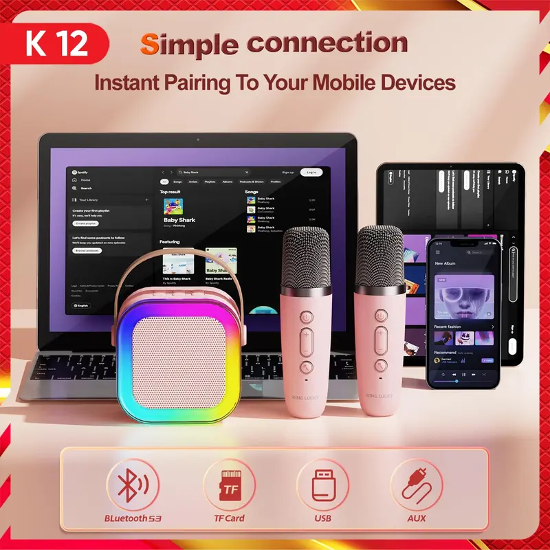 Mini Karaoke Set Speaker Bluetooth K12 LED Karaoke Super BASS Mic Microphone Wireless 1&2 8