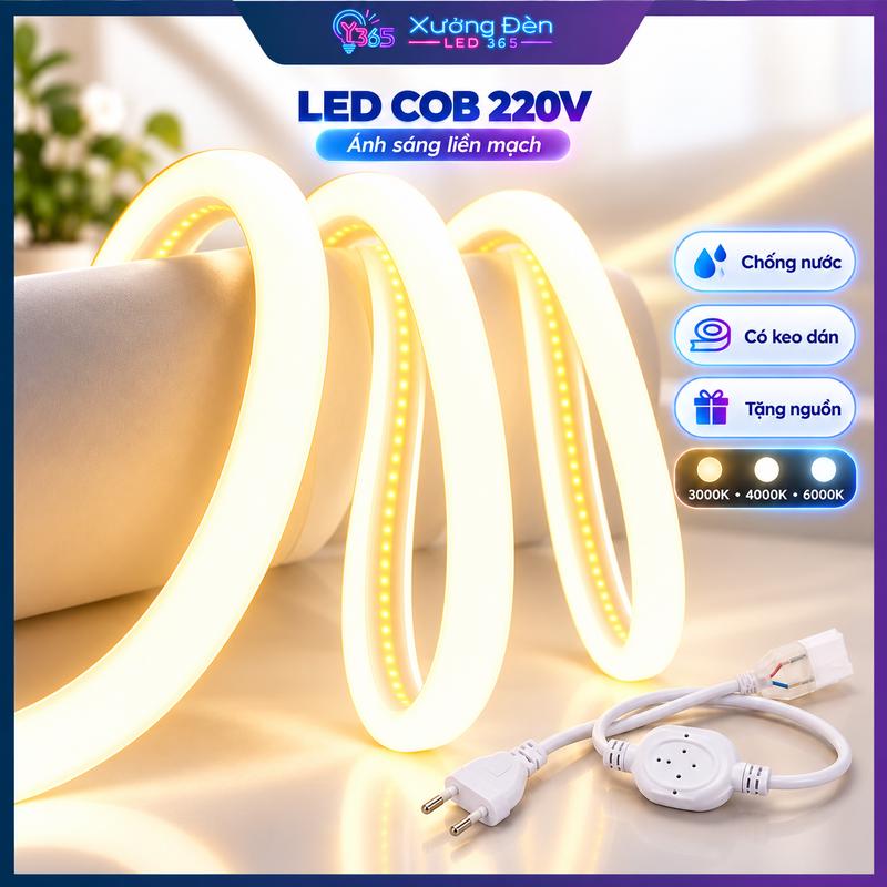 [TẶNG NGUỒN] Dây Đèn LED COB 220V Bọc Silicon Chống Nước, Ánh Sáng Liền Mạch, Có Keo Dán, Hắt Trần Tủ Kệ, Decor Phòng, Nội Thất, Trang Trí Ngoài Trời