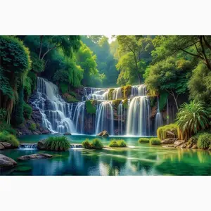 Permadani dekorasi ruang tamu, lukisan Cina baru, pemandangan dan air mengalir, desain air terjun Songbai, pembawa acara streaming langsung, latar belakang lokasi 3D, cocok untuk dekorasi ruang tamu.