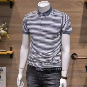 Kaos Cowok Polo Shirt Garis dengan Desain Garis Tipis dan Motif Rapi dan Panel yang Berwarna-warni