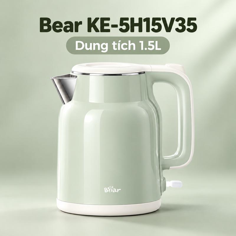 Ấm siêu tốc Bear KE-5H15V35 dung tích 1.5L, công suất 1500W, điện áp 220V~50Hz, màu xanh trang nhã, phù hợp đun nước dùng hằng ngày, pha trà, cà phê, mì ăn liền và chuẩn bị nước nóng tiện lợi cho gia đình hoặc văn phòng.