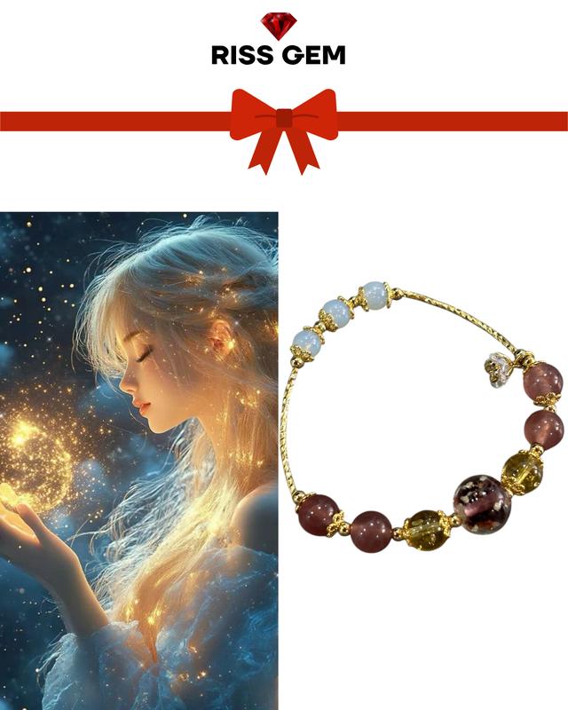 Vòng Tay Đá Thạch Anh Tím Vàng Dâu Kết Hợp Charm Hoa Đá Mang Ý Nghĩa Trí Tuệ Bình An Thu Hút Tài Lộc Tình Duyên