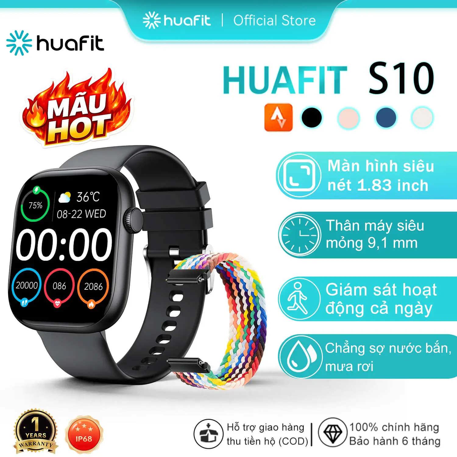 【BÁN CHẠY & GIAO HÀNG 24H】Đồng hồ thông minh Huafit S10(Không hỗ trợ lắp SIM)| Màn hình IPS 1.83 inch | Gọi Bluetooth, đo nhịp tim | AI thể thao & tích hợp game | Thiết kế siêu mỏng 9.1mm, chuẩn IP68 | Thiết kế trẻ trung unisex | Đồng hồ thông minh Aolon
