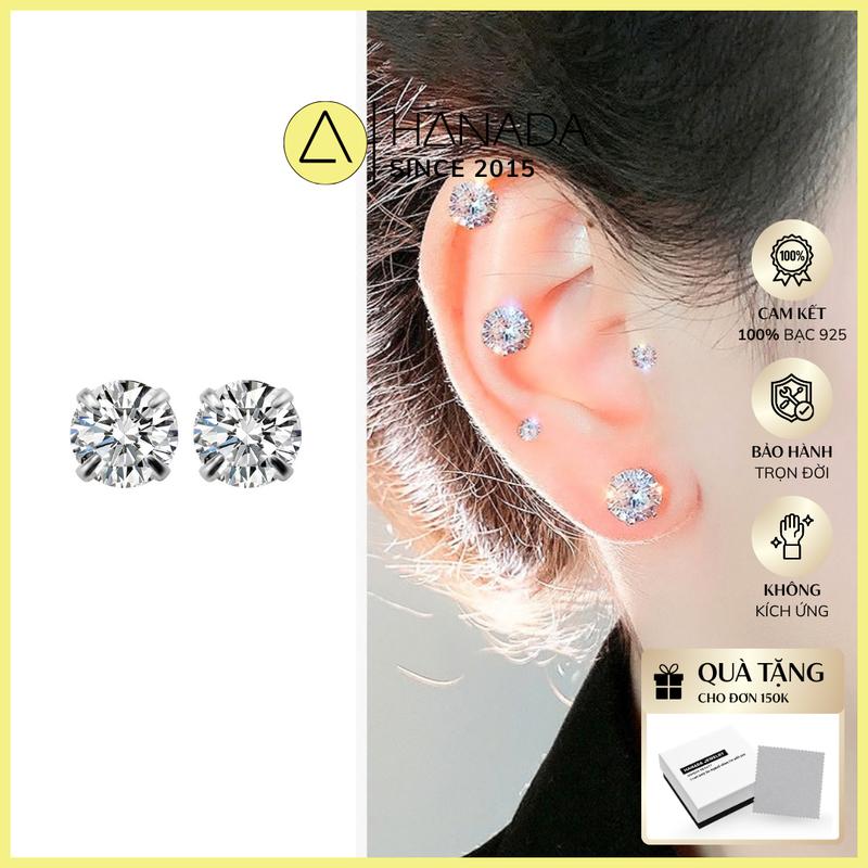 Bông tai bạc 925 Hanada Đá CZ 6A Chuẩn 120 Lát Cắt khuyên tai Siêu Lấp Lánh Không ố Không mờ hoa tai đẹp cho nữ bông tai nam khuyên nụ đơn giản 0397 D06