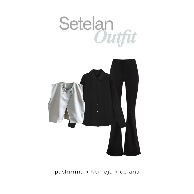 One Set Wanita Korean Style (Hijab+Kemeja+Vest+Celana) Set Fashion Kekinian Remaja - LO56 Ceruty Cutbray Setelan Nyaman 2