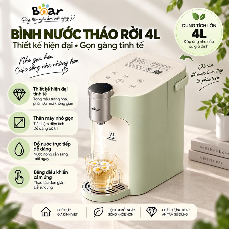 Máy nước nóng Bear 4L đa năng, 5 mức nhiệt và 3 mức lấy nước, tích hợp lõi lọc tiện lợi, bình nước tháo rời 4L dễ châm và vệ sinh, khay hứng nước tháo rời, thiết kế nhỏ gọn hiện đại, phù hợp pha trà, cà phê, sữa cho gia đình