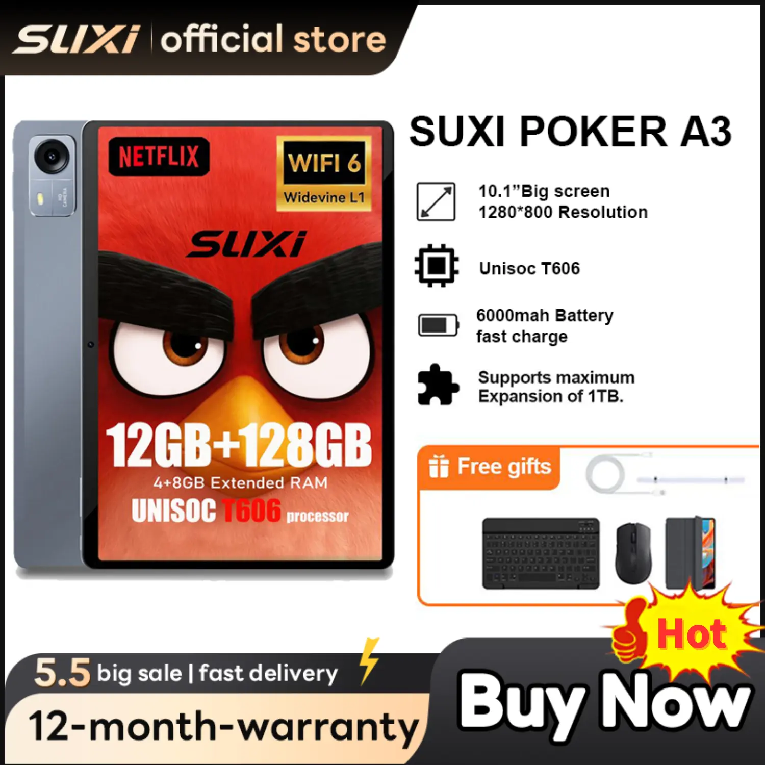 SUXI Tablet Poker A3 10.1'' Android 14，Unisoc T606，8 core, 3D speaker, LCD display, student, office, home entertainment, car navigation, support sim card, 5G, tablet, Android tablet