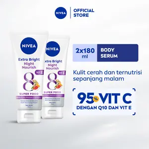 (PAKET HEMAT ISI 2) NIVEA Body Serum Extra Bright Night Nourish Vit E 180ml - Hand body serum moisturizer mencerahkan kulit kusam cerah badan glowing brightening dan melembabkan kering pagi malam day & night - 95% Vitamin C, Grapeseed oil, 8 Super food