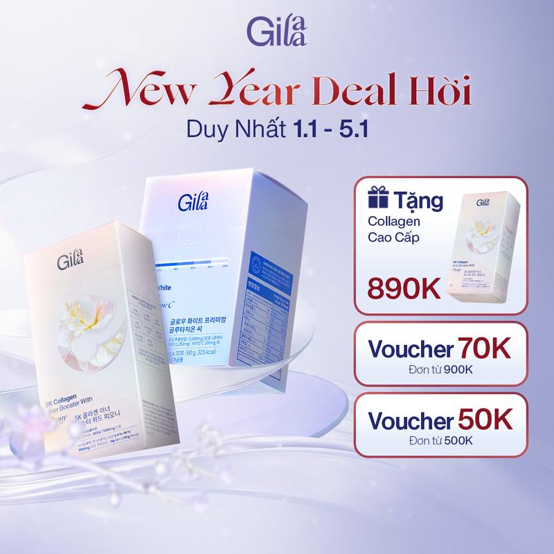  Combo 2 Hộp - Thực phẩm bổ sung Gilaa Glow White Premium Glutathione C  3gx30 gói   và Gilaa Collagen 5K Inner Booster With Saffron  20g x 15 gói  