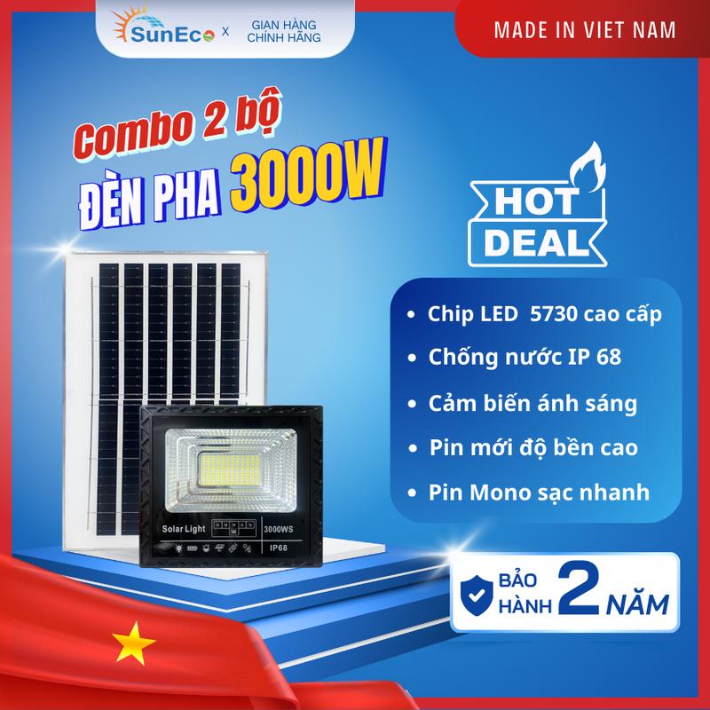  COMBO 2 ĐÈN  Suneco   Đèn Pha  Năng Lượng Mặt Trời 3000w Sáng Mạnh Chống Thấm Nước IP69 Nâng Cấp Chip LED 5730 Pin Mono Sạc Nhanh Siêu Sáng  Pin Mới Bảo Hành Chính Hãng 