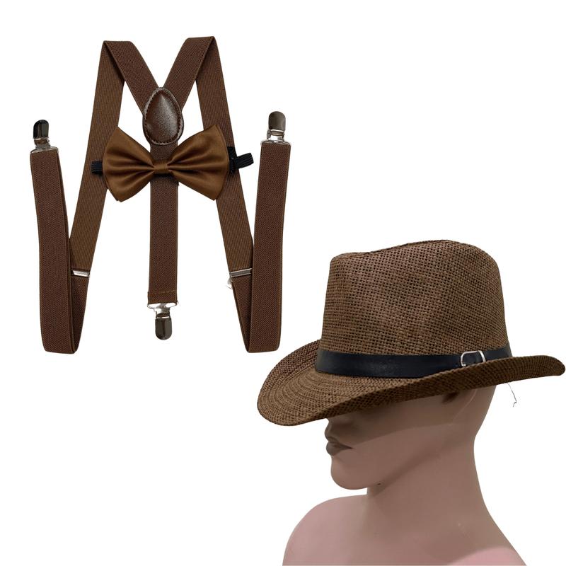 3 IN 1 ( Suspender + Dasi Kupu + Topi ) Outfit Yearbook Vintage Coklat Fedora Newsboy 0