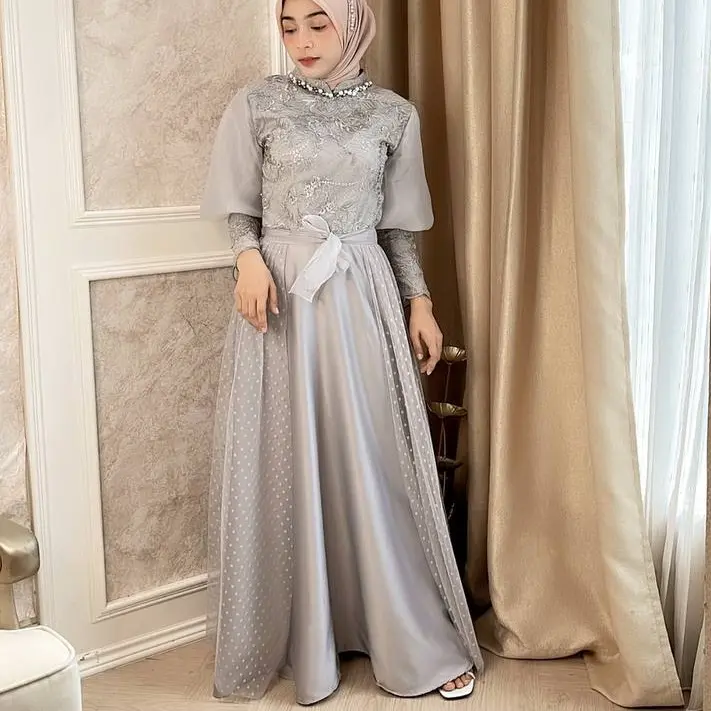 Aurell Dress Lebaran 2025 Pesta Gamis Satin Organza Wanita Panjang Muslim Kondangan Dewasa Mewah Seserahan Gaun Remaja Midi Maxi